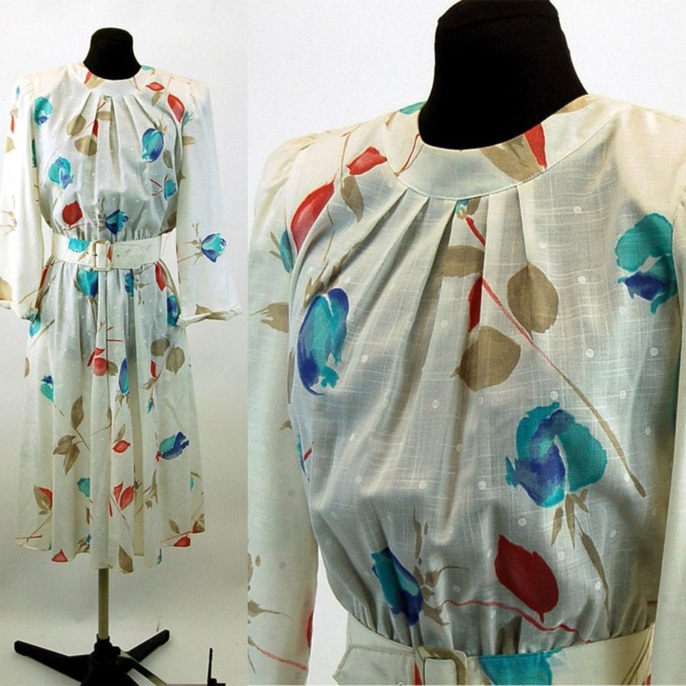 1980s dress floral tulips full skirt with pockets